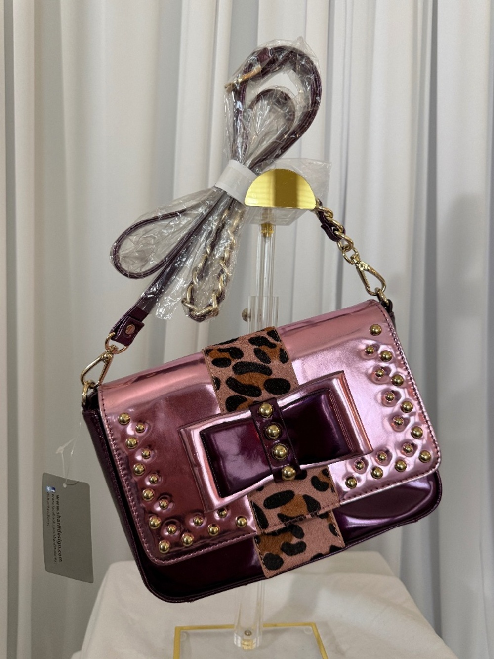 Sharif 1827 Metallic Pink Purple Leopard Bow Studded Crossbody Bag NWT